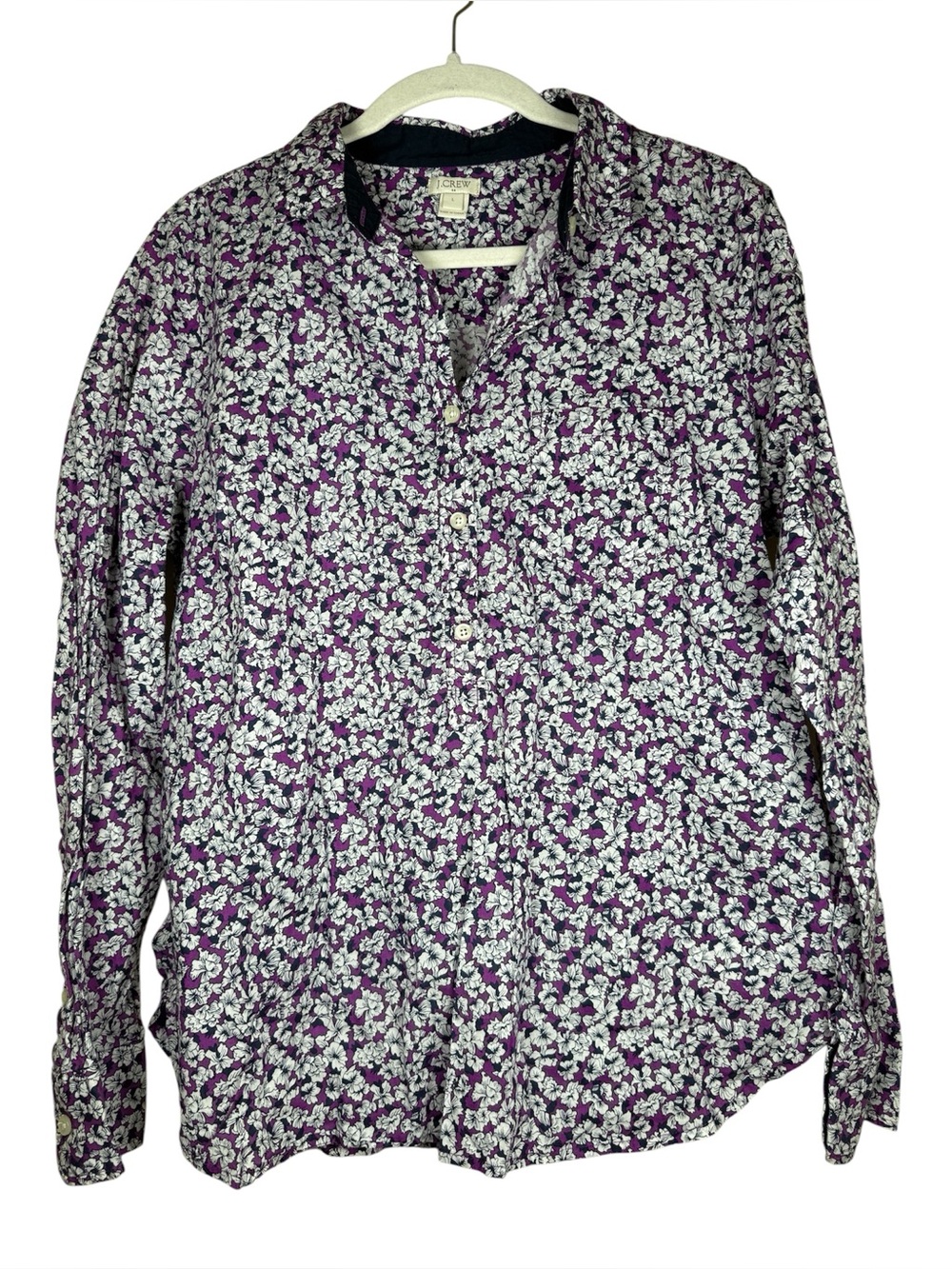 J crew popover blouse size L purple navy top Floral Cotton Liberty